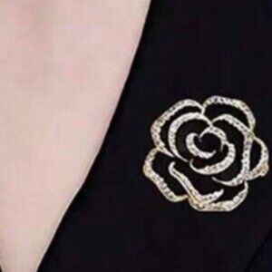 NEW Black Enamel Crystal Camellia Brooch Gold Tone Statement Floral Luxury